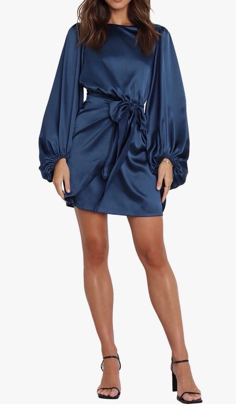 NWT PETAL + PUP Size 6 Opal Tie Waist Long Sleeve Satin Mini Dress (AS9)